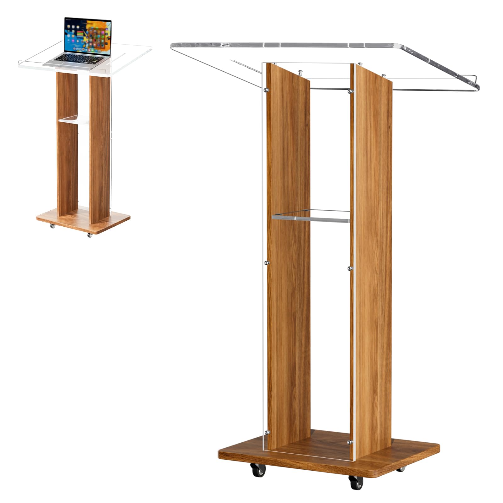 Afitdon Podium en acrylique et bois, Pupitre transparent en acrylique avec étagère de rangement, Chaire d'église avec large plateforme de lecture épaissie, Support de podium stable pour église