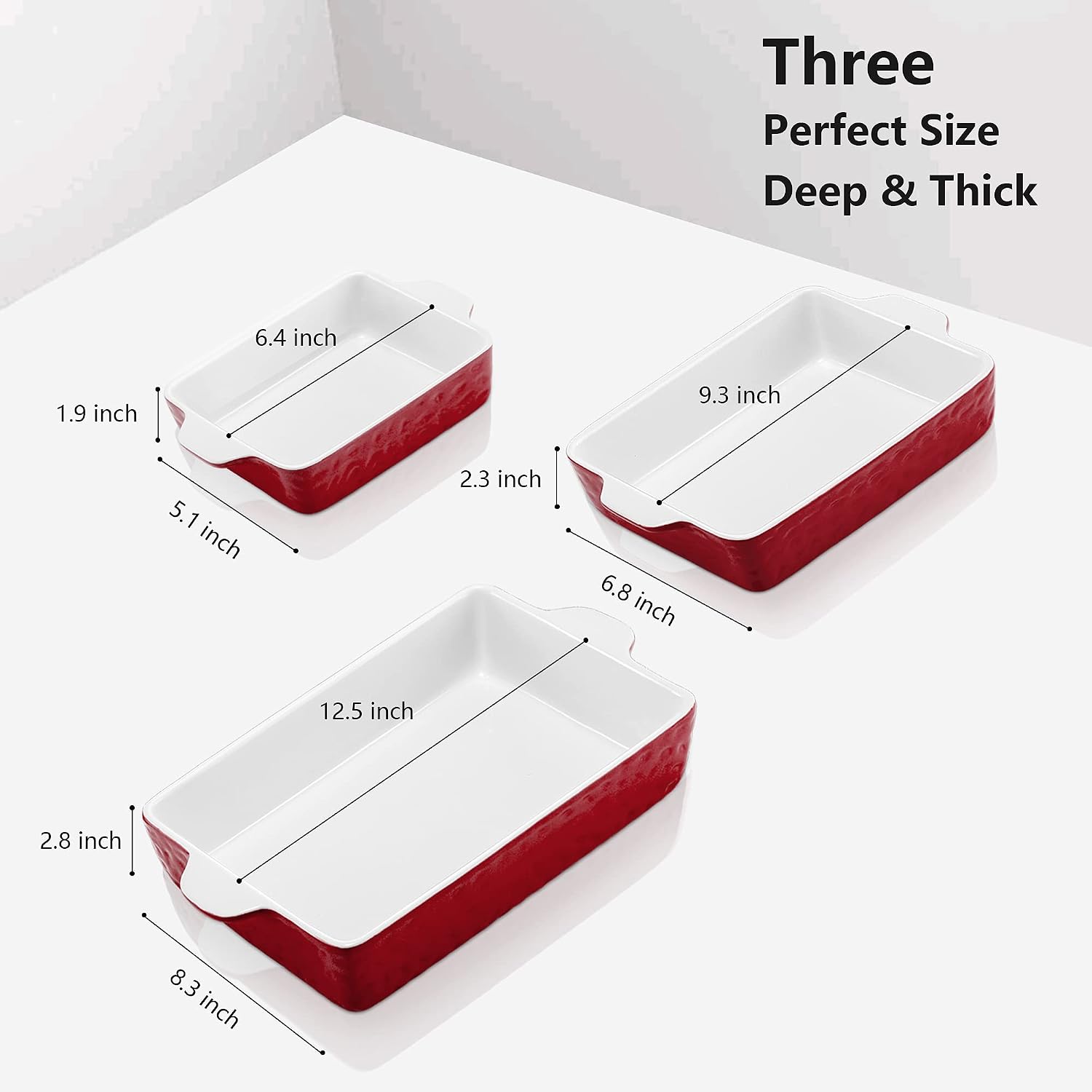 IPOW S-M-L Casserole Dish Set, Ceramic Baking Dish Set, Deep Lasagna Pan with Handles, Baking Dishes for Oven to Table, 3 Pcs Rectangular Bakeware Set for Cooking, Red