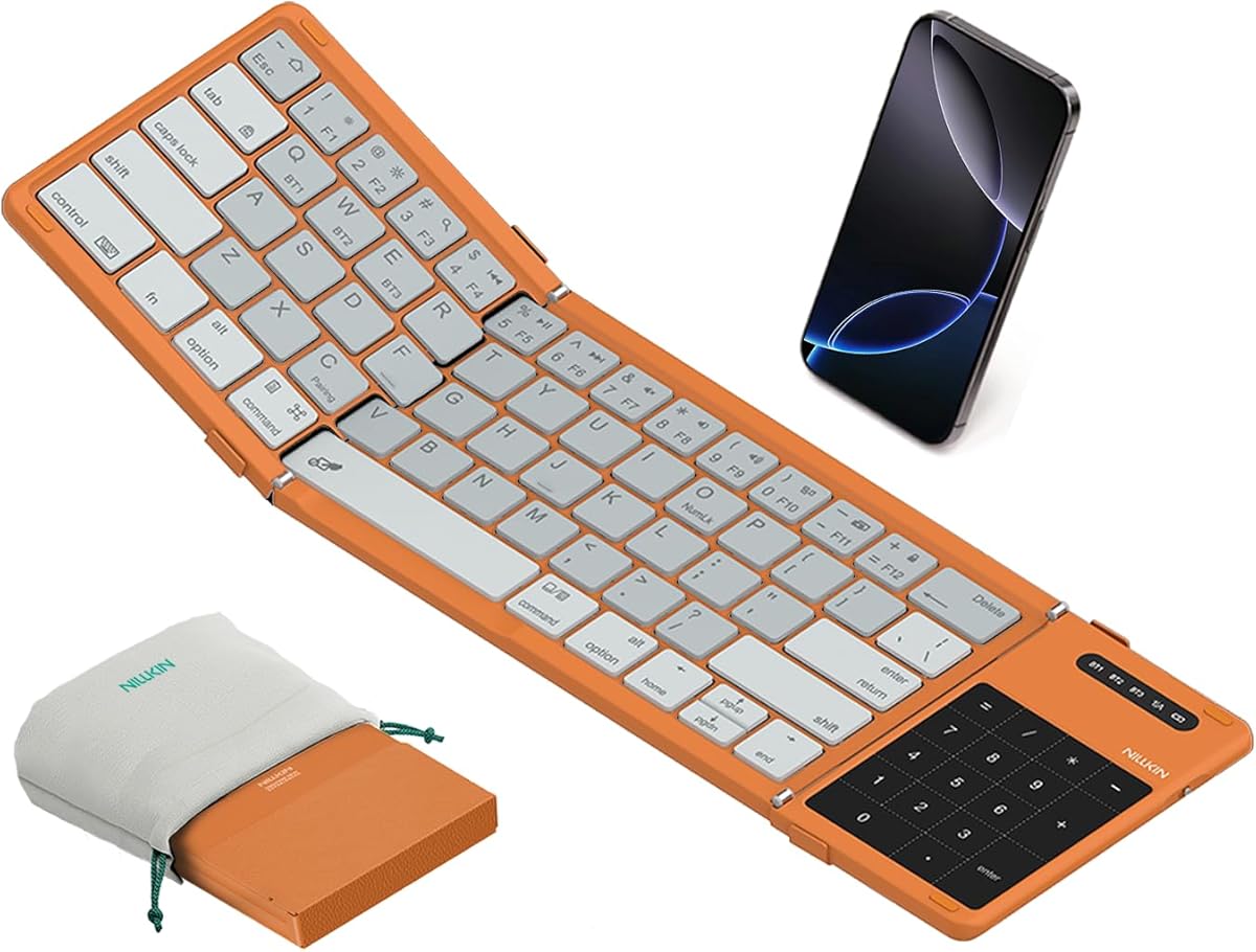Nillkin Upgraded Foldable Bluetooth Keyboard with Touchpad & Number Pad, Portable Wireless Keyboard for Travel, Pocket-Sized, Full Size Keys, Support 3 Devices for iPad Laptop Tablets Phone, Orange