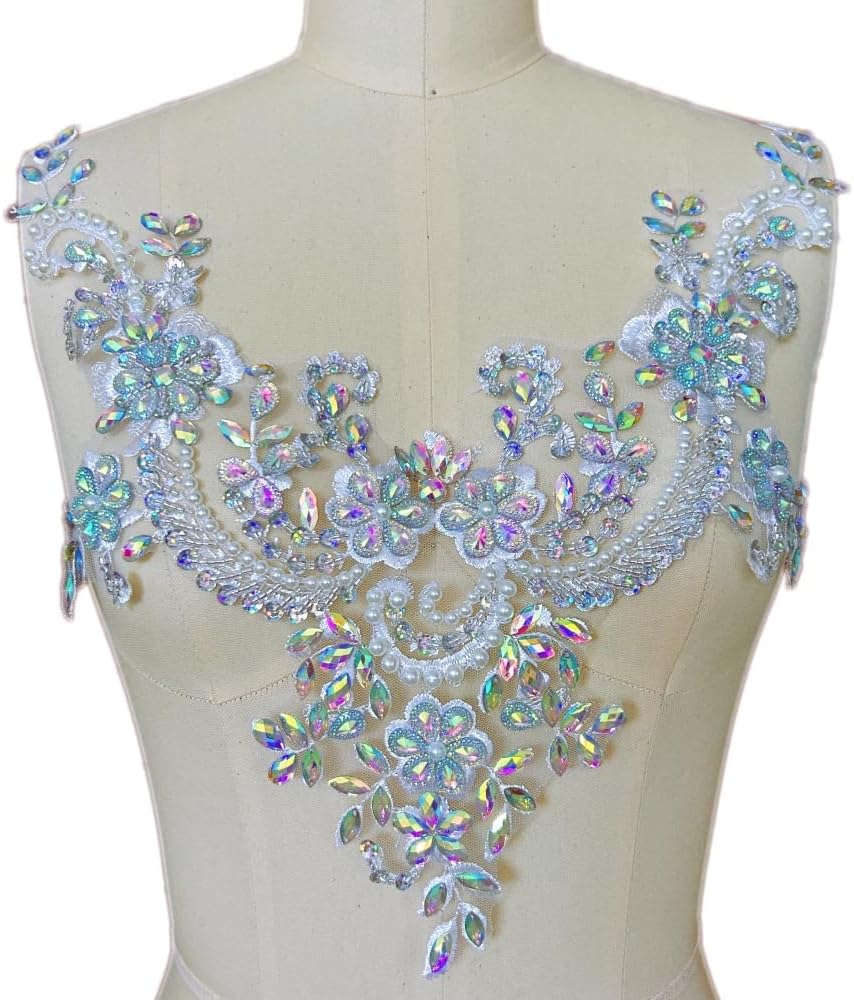 Lace Flower Beads Pearl Patches,Sew on Rhinestones Appliques for Dress Clothing Neckline (AB)