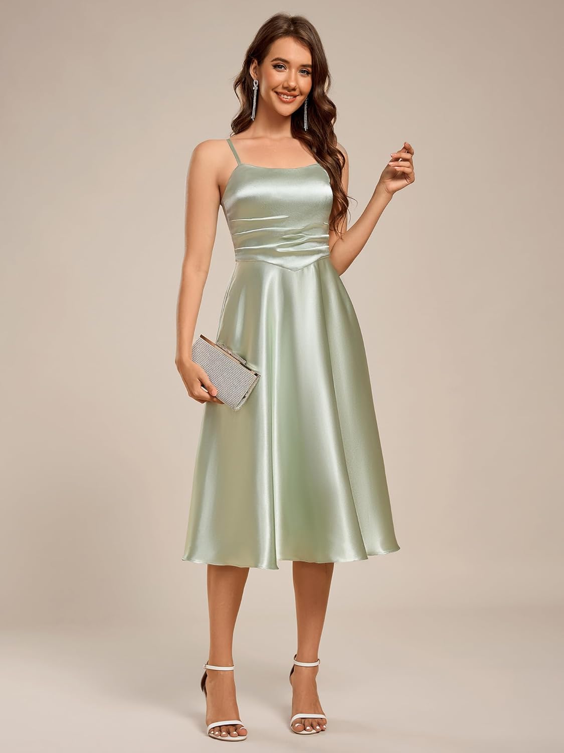 Ever-Pretty Women's Square Neck Sleeveless Satin Midi Pleated A Line Wedding Guest Dress with Pockets 02340