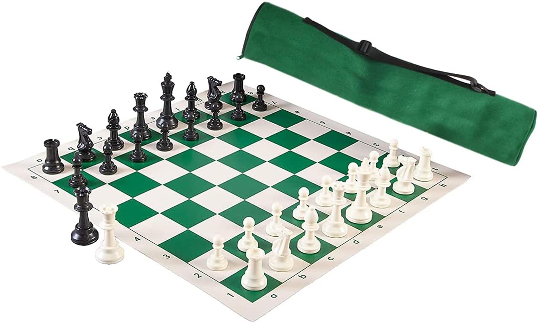 3-in-1 Combo Chess Set - Large 20” Roll-up Chess Board, Classic Staunton Chess Pieces, Archer-Style Chess Bag (Extra 2 Queens Included)