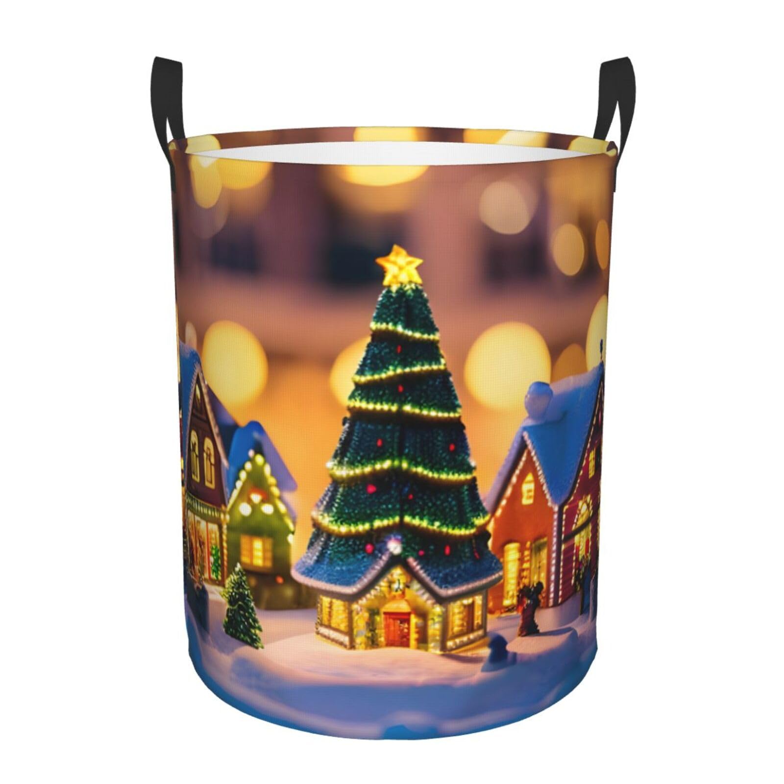 M Collapsible Laundry Hamper Round Christmas village Print Storage