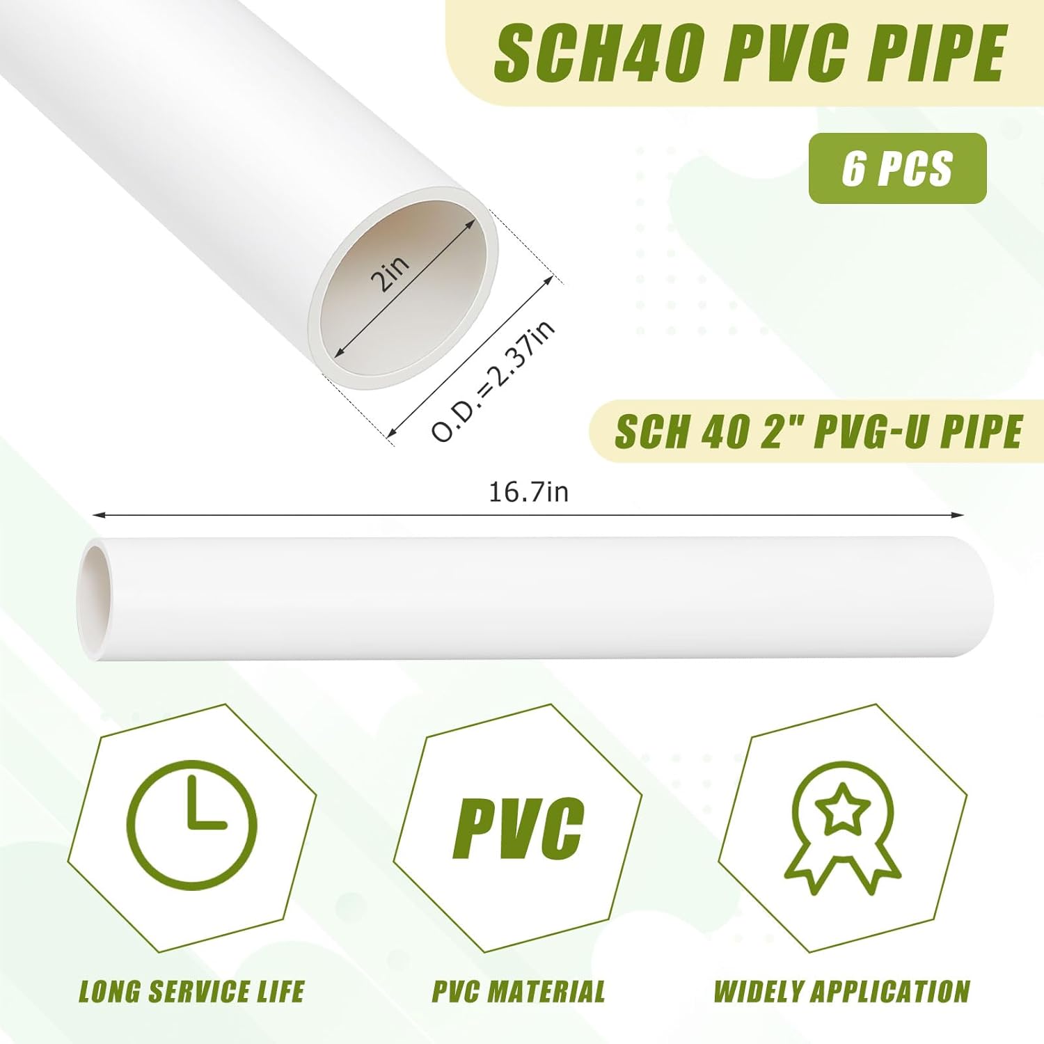 6 Pcs 2 Inch PVC Pipe 16.7" Long White Sch40 Industrial PVC Pipes for Home Diy, Garden, Greenhouse, Farm, Workshop, Furniture Grade(2" x 16.7"L)