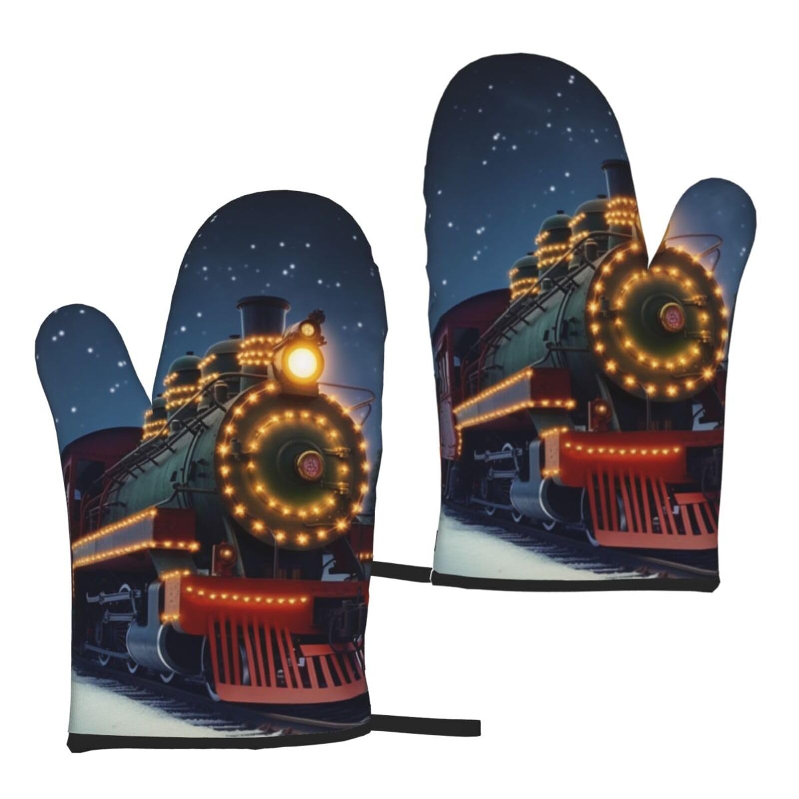 christmas train prin Printed Oven Mitts Sets 2 PCS Heat Resistant and Non-Slip Glove Potholder for Kitchen Cooking Baking Grilling