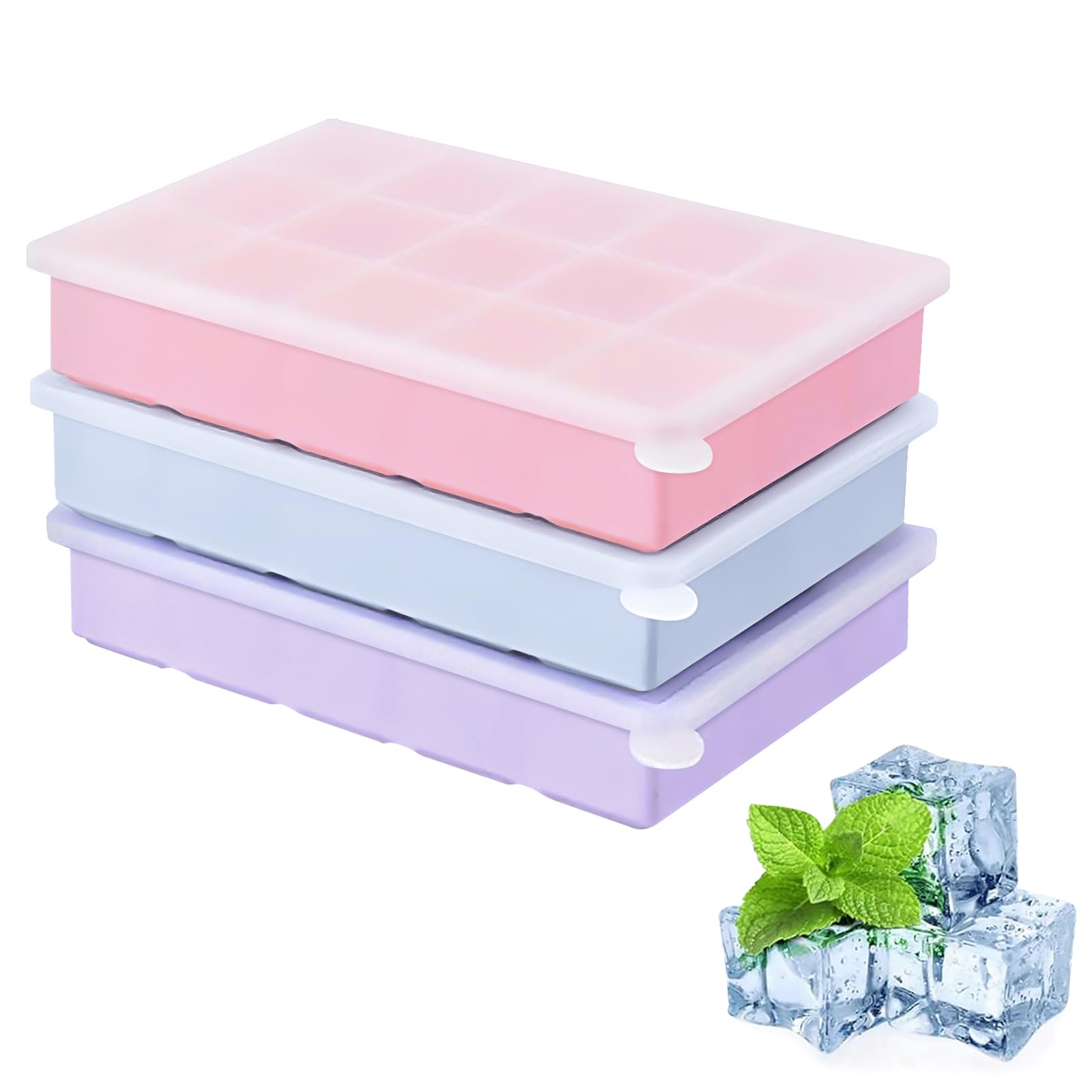 3 Pack Silicone Ice Cube Trays, 15 Cubes Ice Cube Tray with Lid, Easy Release 3.2cm Square Ice Cube Moulds BPA Free for Whiskey, Cocktail, Drinks, Freezer, Coffee, Chocolate (Blue & Pink & Purple)