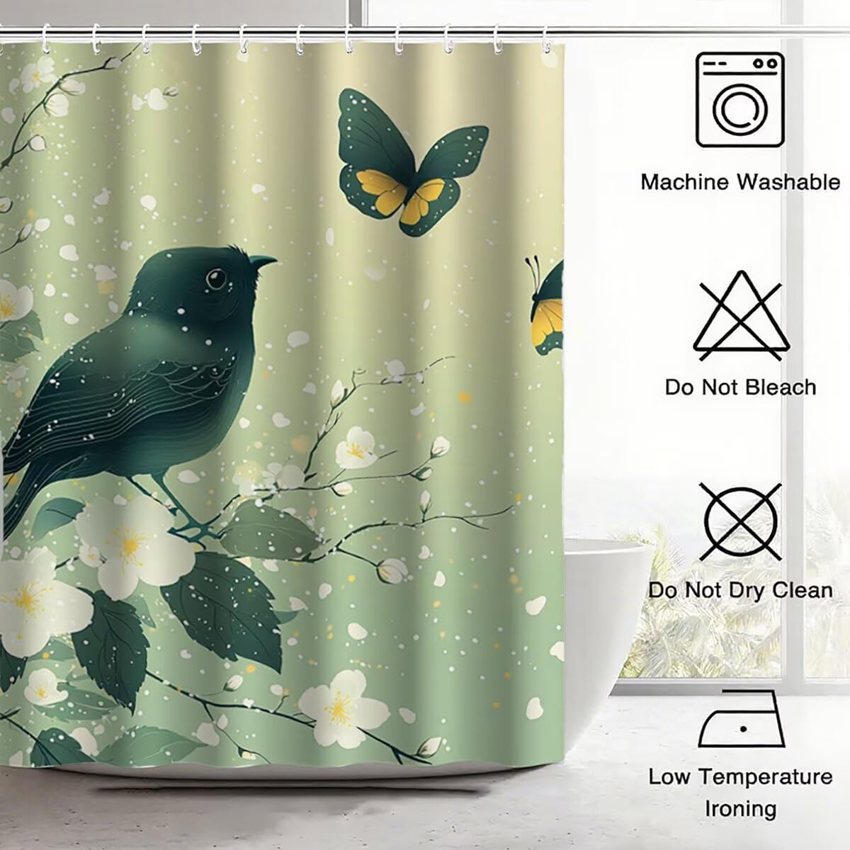 Duschvorhang Salbeigrün Duschvorhang 240x200, Duschrollo Vogel Shower Curtains Beschwerter Saum, Duschvorhänge Badewanne Waschbar Polyester Stoff, Wasserdicht mit 12 Haken, Geschenke für Frauen -3569