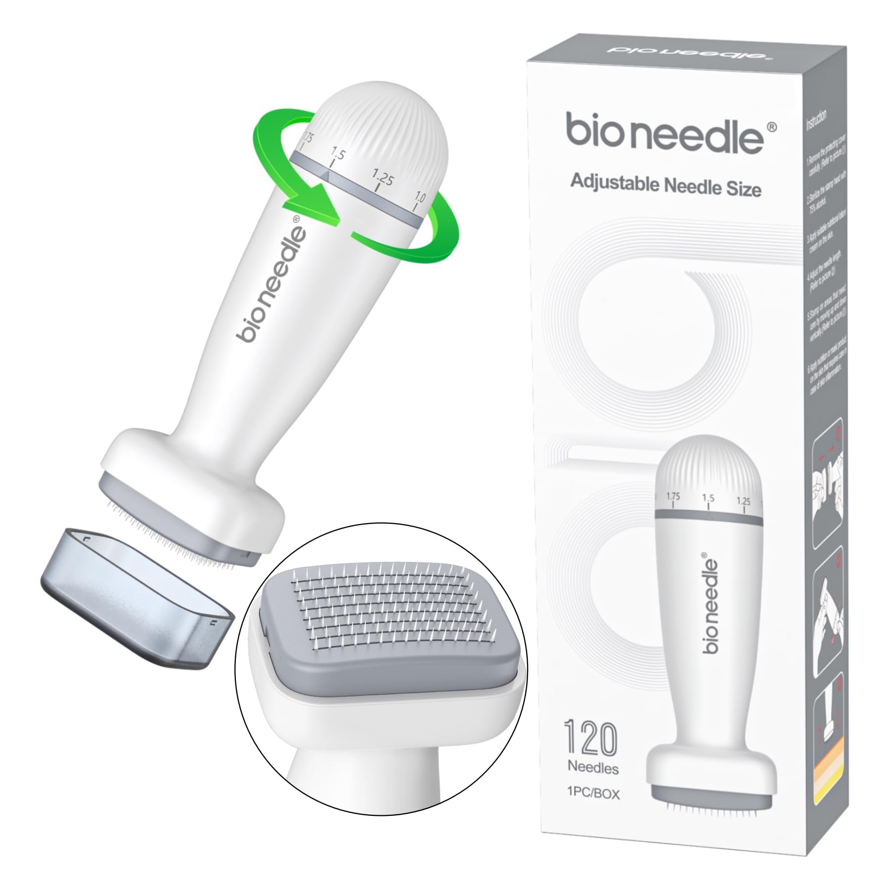 P-Beauty Derma Stamp - Microneedling - Mesoroller con 120 aghi in acciaio inox di alta qualità, lunghezza regolabile 0-2 mm, per anti-invecchiamento, rigenerazione della pelle, crescita dei capelli