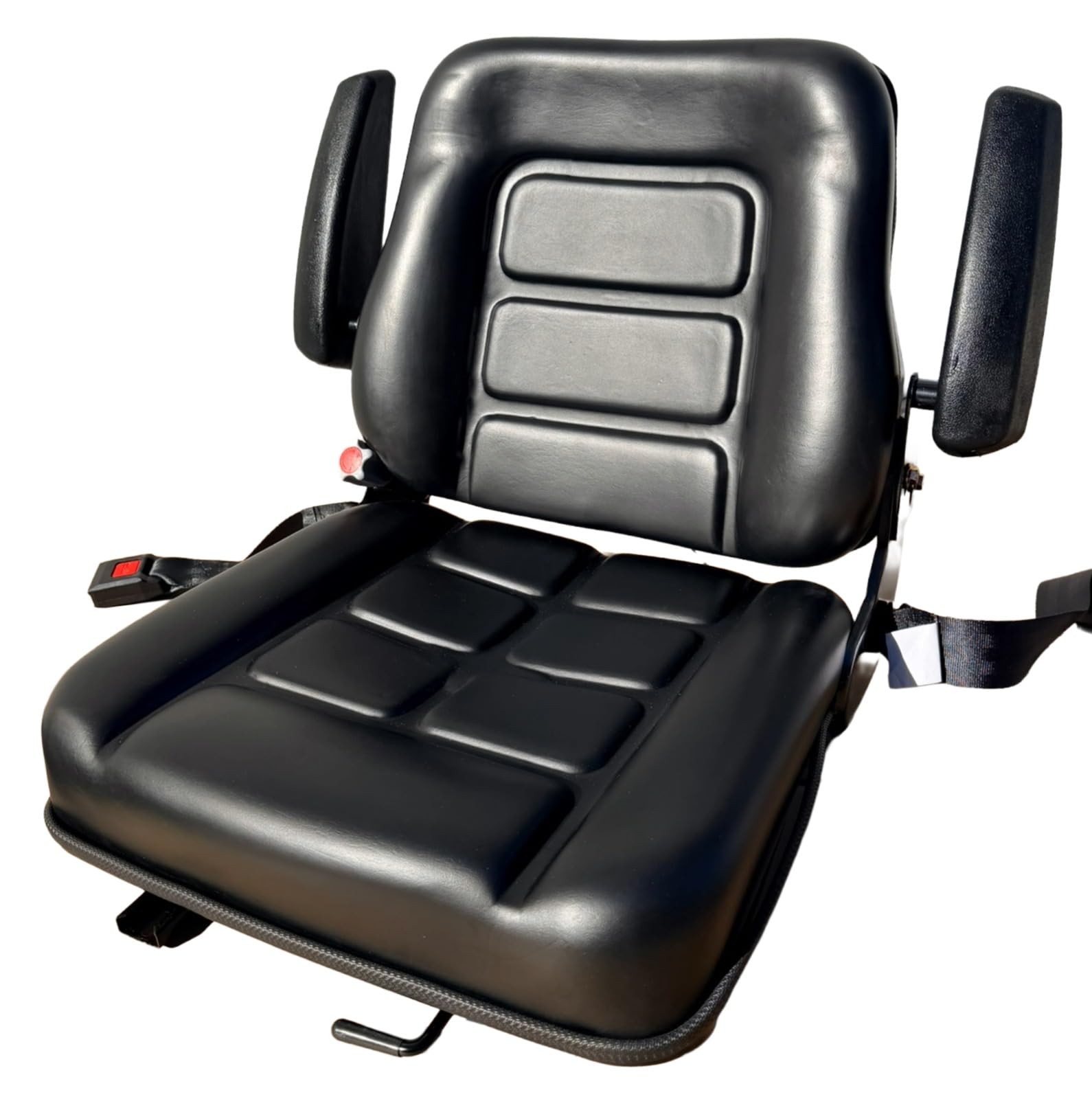 Asiento Universal para Carretilla Elevadora con Cinturón Fijo | Asiento PVC Negro con Reposabrazos | Compatible con Tractor, Excavadora y Maquinaria Industrial | Resistente e Impermeable