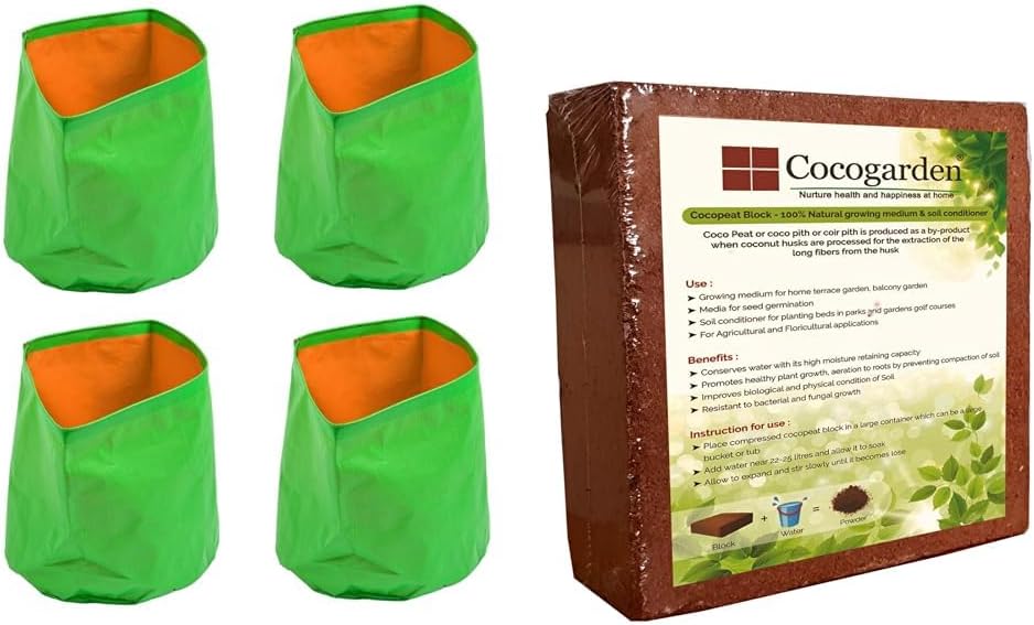 cocogarden Plastic Green Grow Bags 12X12(Pack of 4) COCOPEAT 4.5 KG Block - EXPANDS UP to 75 litres of Coco PEAT Powder