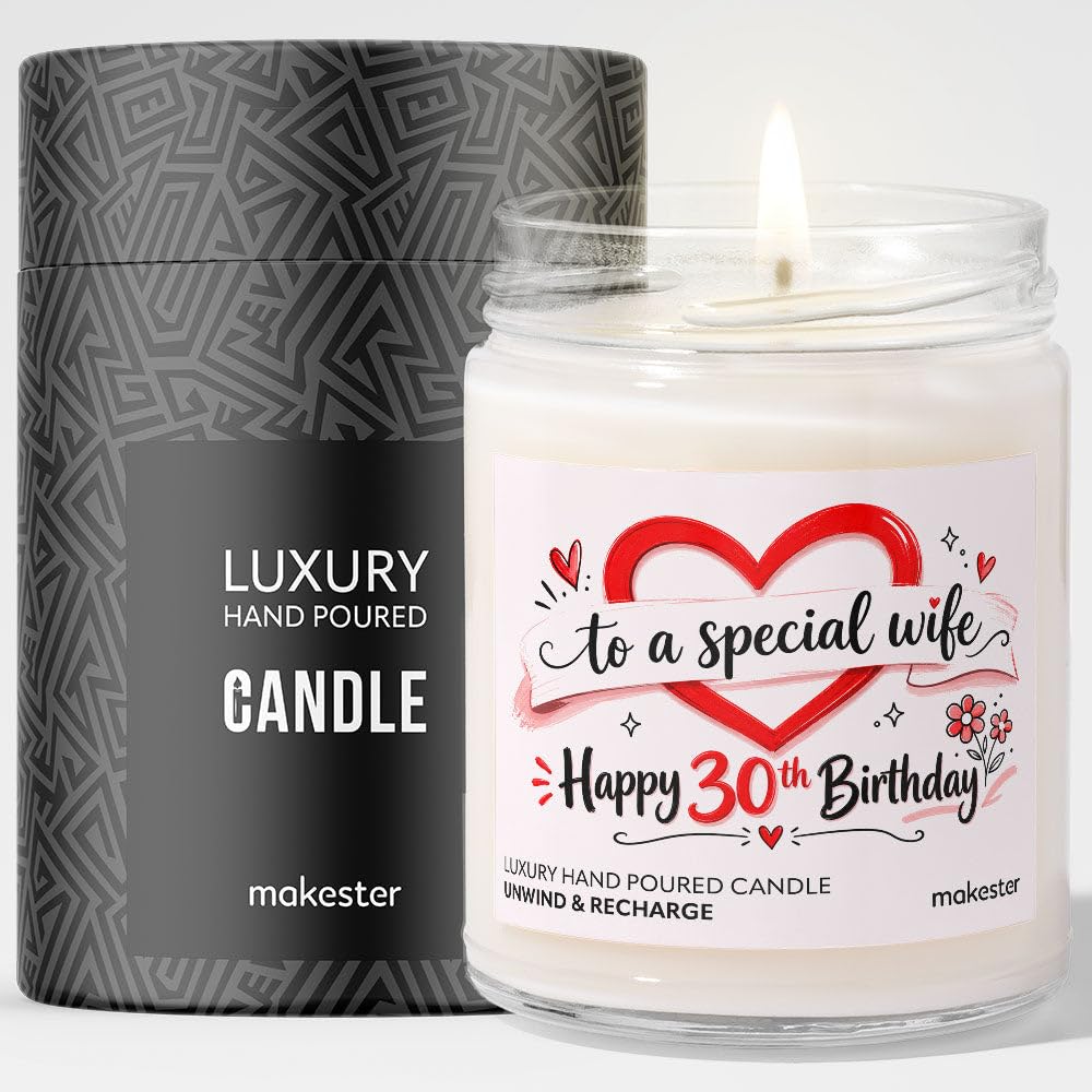 30th Birthday Gift for Wife - Luxury Soy Wax Candle - Vanilla, Jasmine, Sugared Almond - Makester โ image 1
