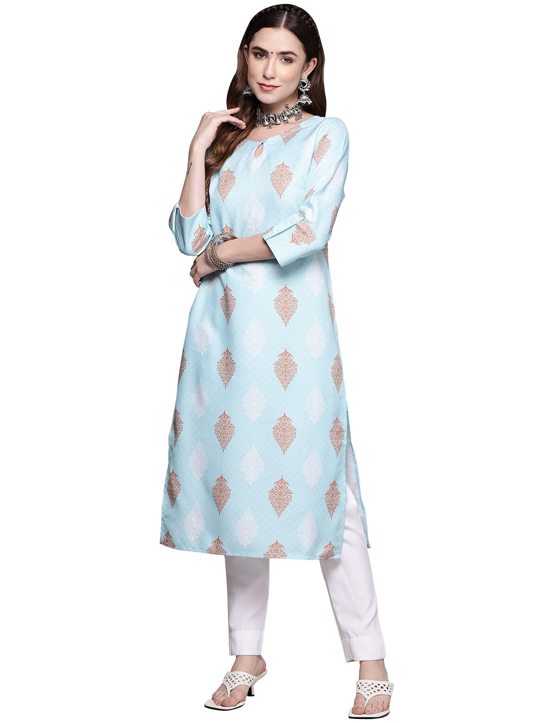 Ziyaa Women Rayon Women's Light Grey Poly Silk Straight Kurta And Pant Set (Zikury3455Andpa-Sky Blue-S)