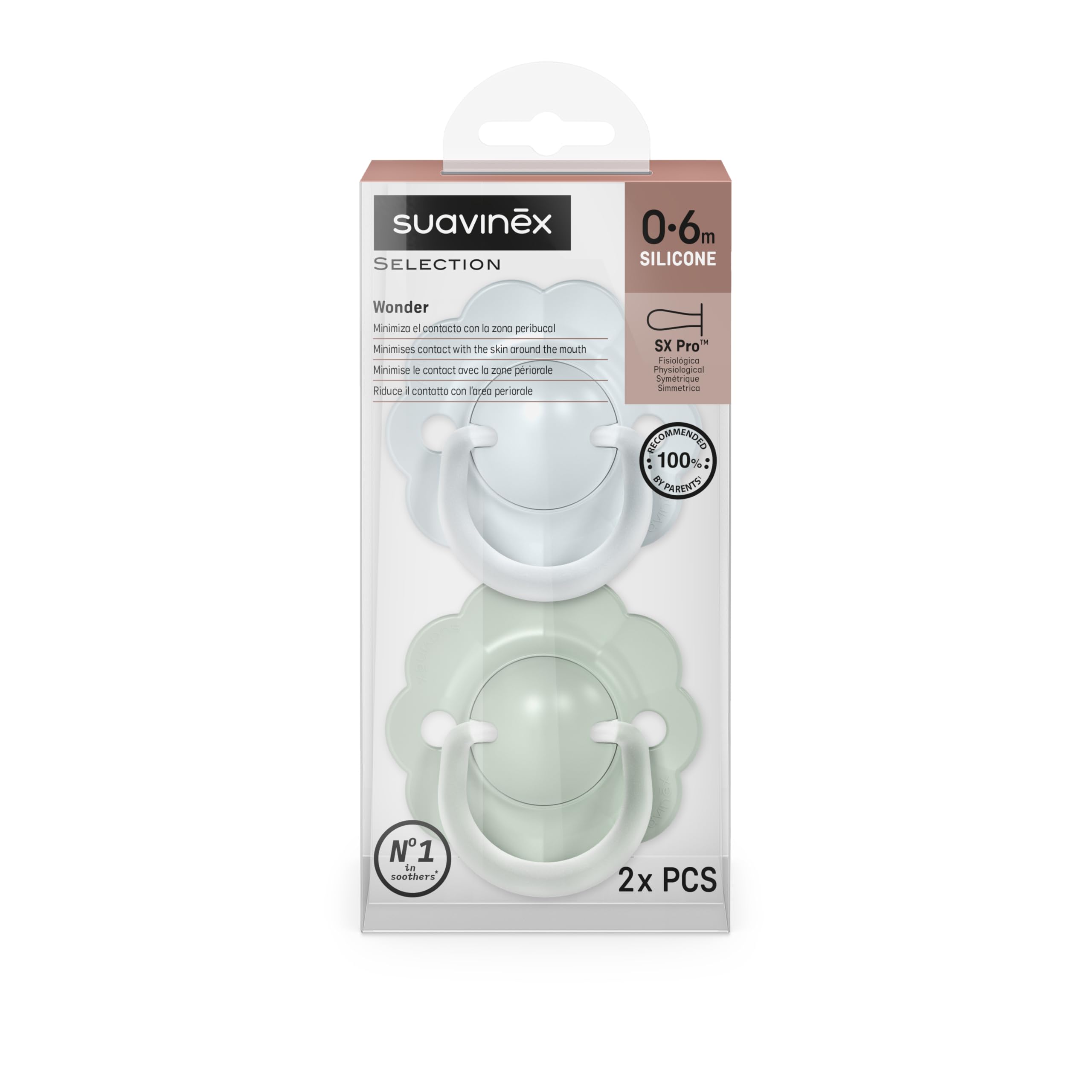 Suavinex, Pack 2 Chupetes Bebés 0/6 Meses y Recién Nacidos, con Tetina Fisiológica de Silicona SX Pro, Simétrica, Plana y Flexible, Respeta el Desarrollo Bucodental, con Anilla, Wonder Azul + Verde — view 6