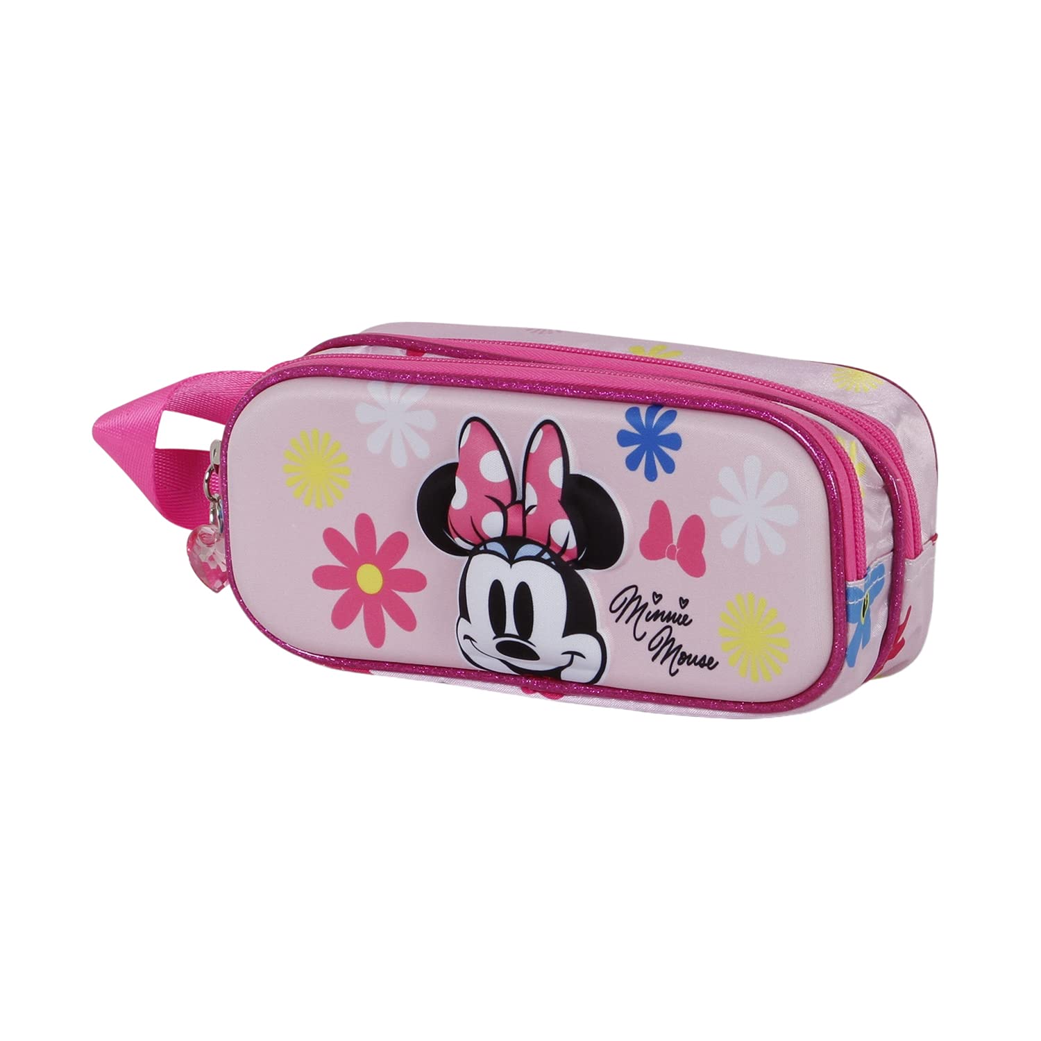 Disney Minnie Mouse Floral-Estuche Portatodo 3D Doble, Rosa, 22 x 9.5 cm