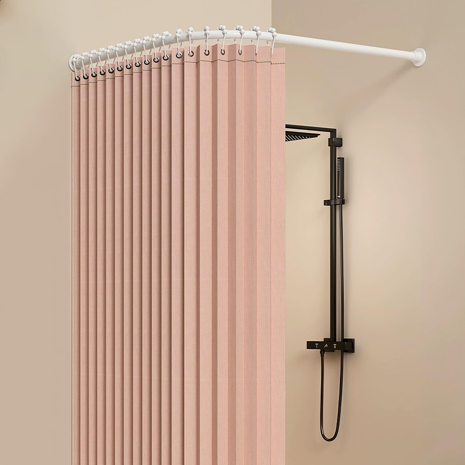Tringle de douche incurvée sans perçage en acier inoxydable 304 blanc 95 x 95 cm – Barre de baignoire d'angle pour une installation facile et un design élégant
