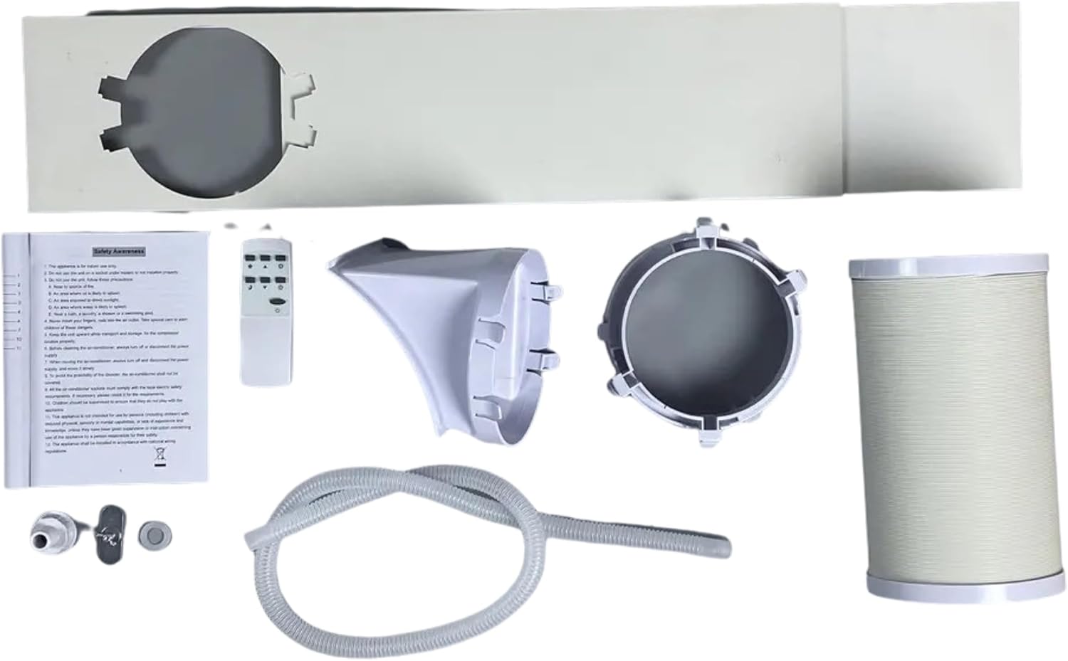 All components of the Nordic Breeze portable air conditioner laid out, including the main unit, exhaust hose, window kit parts, remote control, and user manual.