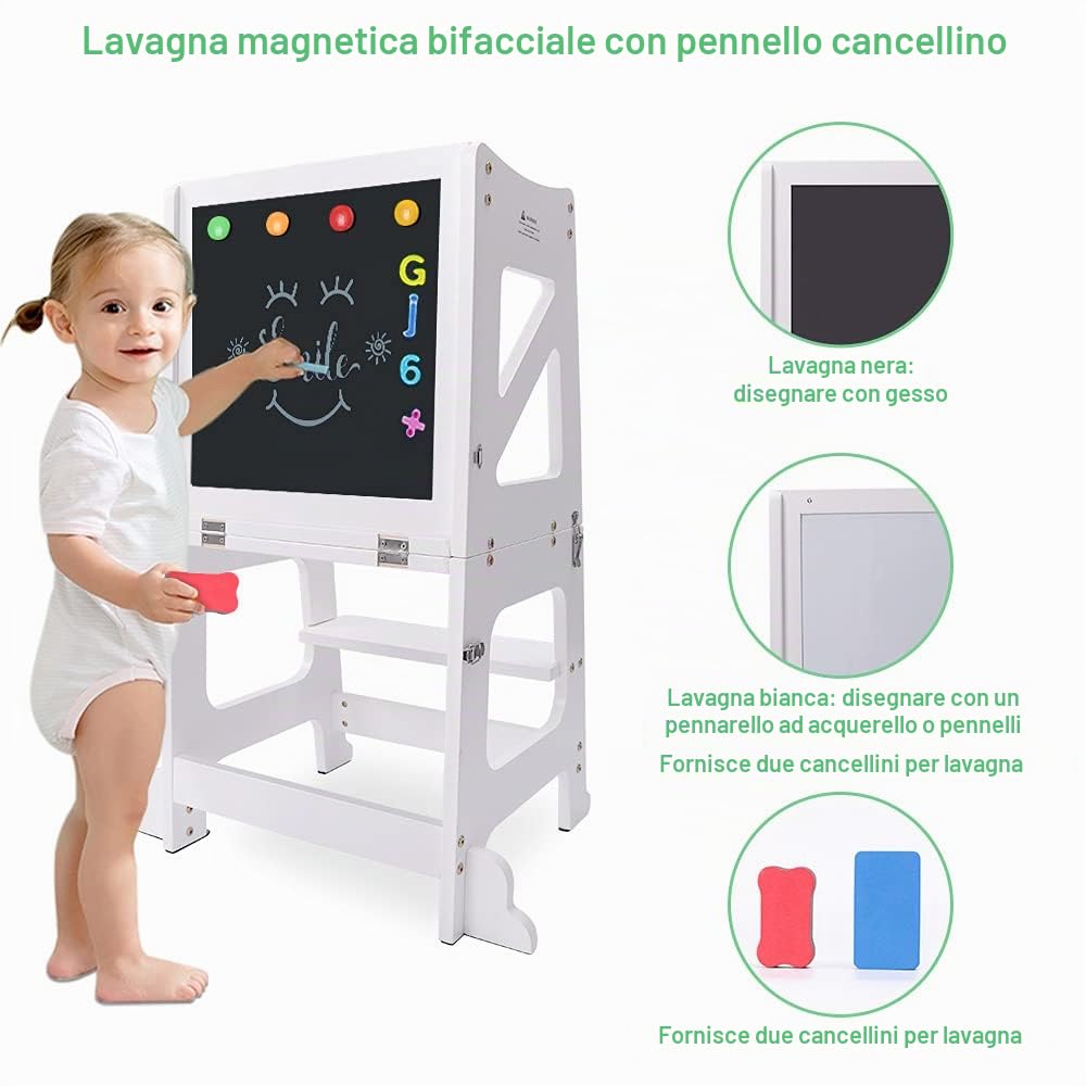 YOLEO Torre di apprendimento Transformer, Torre Montessori per bambini e neonati, pieghevole Learning Tower con lavagna bianca e nera magnetica, bianco - legno (White)