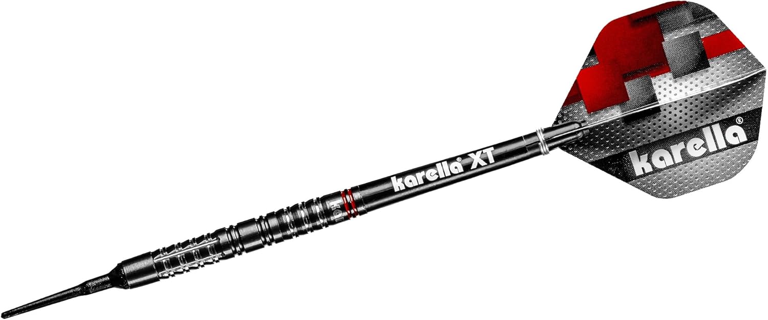 Single Karella SuperDrive dart with black barrel, red accents, and patterned flight