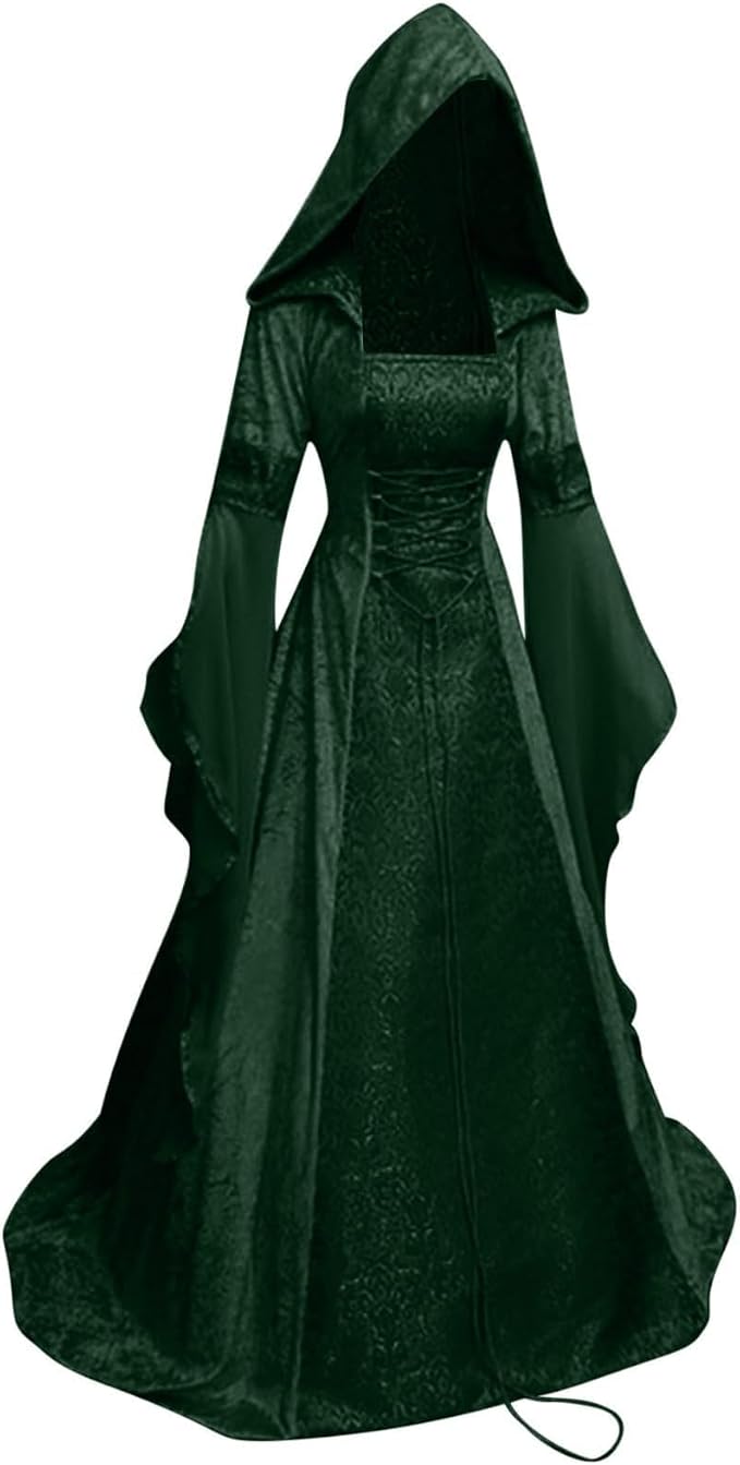 Robe Longue Médiévale Pour Femme - Déguisement Halloween Vampire, Sorcière - Capuche, Manches évasées - Tailles S à 5XL