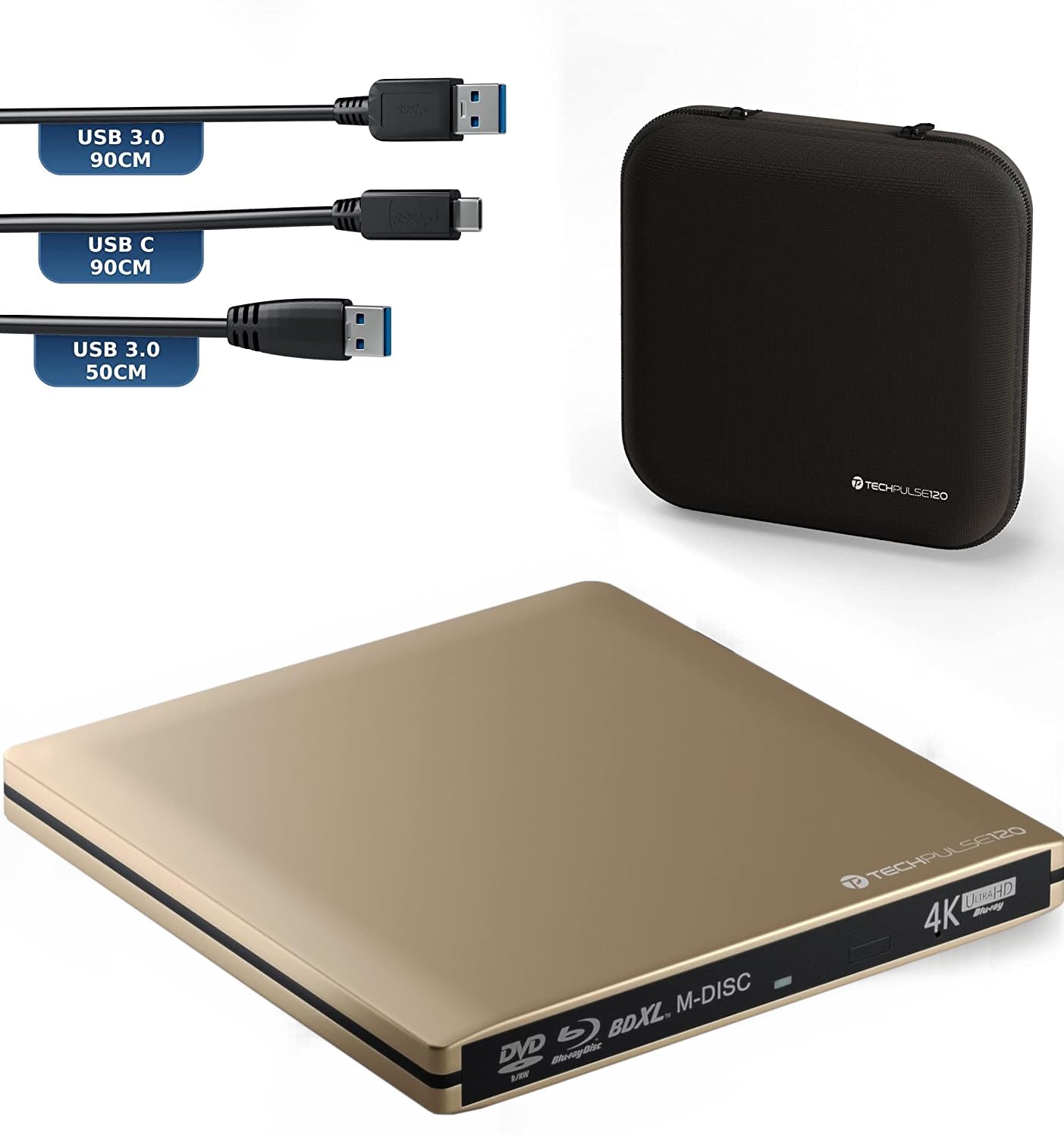 techPulse120 USB 3.0 Type-C Brenner Externe de CD DVD en Aluminium pour Ordinateur, Notebook UHD Blu-Ray Brenner USB xDeluxe Pak