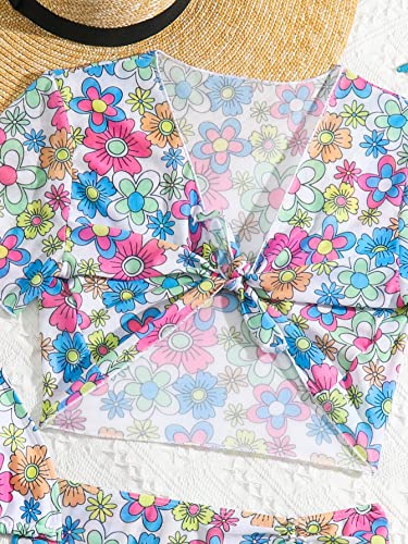 Image of Milumia Girl's 4 Piece Swimsuit Tropical Print Spaghetti Strap Bikini Sets with Coverups Multi Floral 8-9 Years