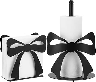 Novabright 2 Pcs Trendy Bow Paper Towel Holder for Tables, Black | Cute Coquette Bow Knot Napkin Holder Stand, Large Metal Kitchen Accessories, for Home Wedding Party Bathroom Countertop