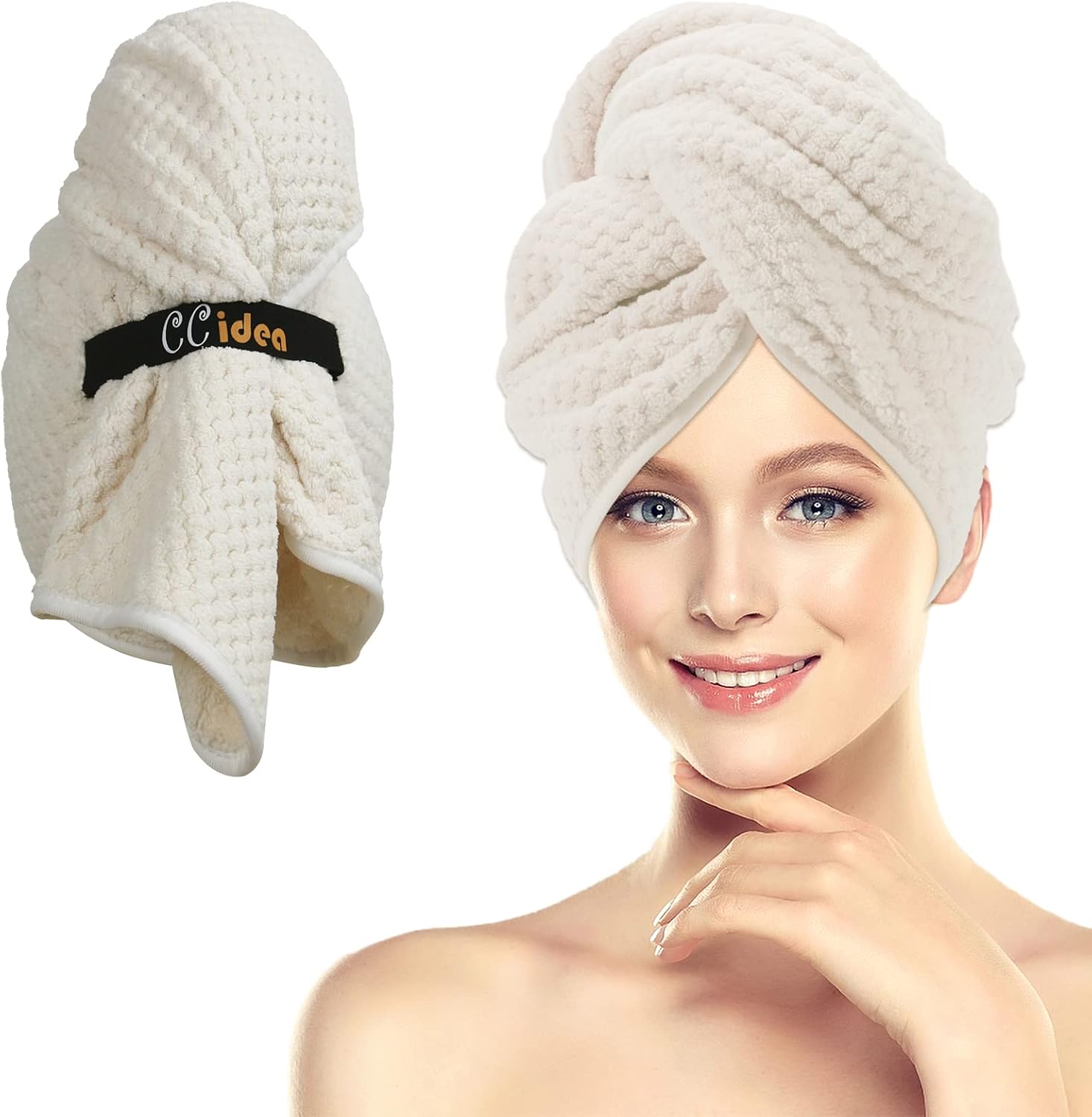 CCidea Large Microfiber Hair Towel, 1 Pack Fast Drying Hair Towel Wraps for Wet Hair, Anti Frizz Hair Microfiber Towel(Ivory White)