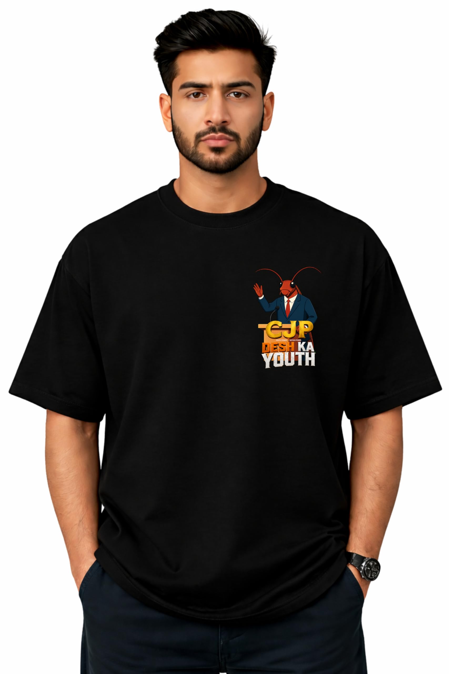 Global Desi Cockroach Janta Party Graphic Oversized T-Shirt, Black, CJP Desh Ka Youth Print, Hum Nahi Darte in black