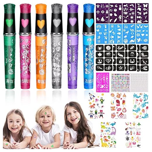 RUIJIE 26 PiezasTatuajes Temporales Rotuladores Niños Bolígrafos Infantiles Tattoo Purpurina, Pintar la Piel con 13Plantillas 5Luminosos, 2Pegatinas de Diamantes para Fiesta Halloween