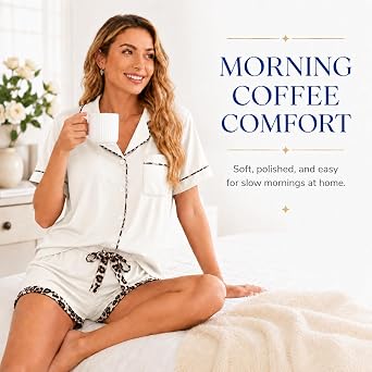 RONGTAI Women's Pajama Set Button Down Lounge Set with Leopard Trim | Breathable fabric, relaxed fit, and side pockets for comfortable lounging & everyday wear