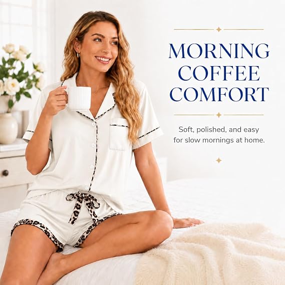 RONGTAI Women's Pajama Set Button Down Lounge Set with Leopard Trim | Breathable fabric, relaxed fit, and side pockets for comfortable lounging & everyday wear