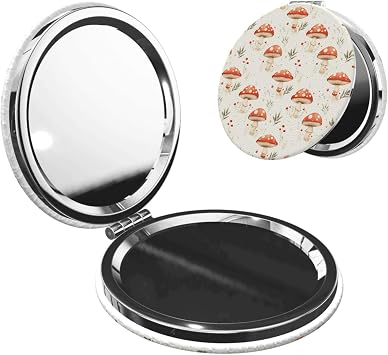 Bright Mushroom Red Print Compact Pocket Mirror, Small Travel Makeup Mirror for Women, 1X/2X Magnification Portable Cute Mini Mirrors for Purse, Present Round