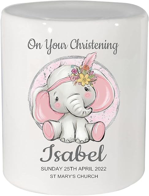 Personalised Cute Pink Elephant Christening Money Box, Baby Girl, Custom Christening Gift, Present,Christening Keepsake,Baptism GiftBaby Keepsake