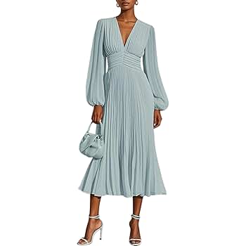 Women's Light Blue Solid Sexy V Neck Pleated Midi Dress 2025