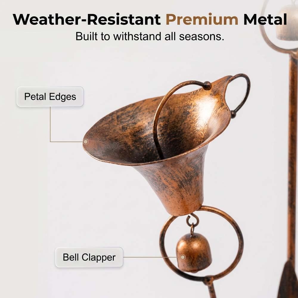 Flamed Copper Three Calla Lilies Garden Stake with Bells, Handmade Metal Plant Sculpture Yard Art, Rustic Outdoor Wind Chime Ornament, Rain Catcher Flower Stake for Patio Pathway Decor (1)