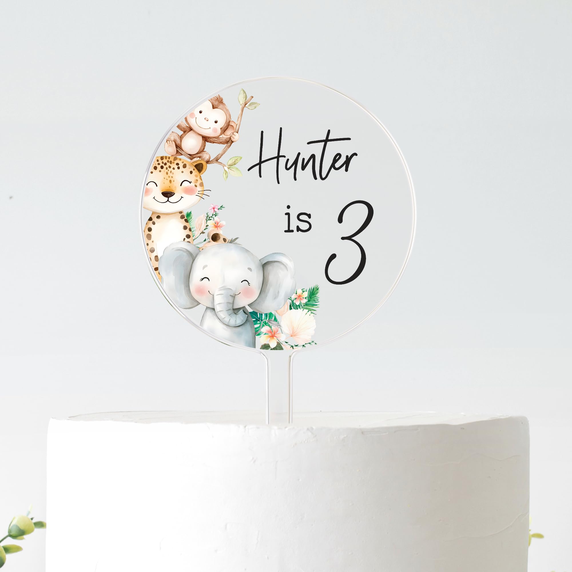 Personalised Safari Animals Birthday Cake Topper | Custom Name & Age Jungle Theme | Frosted Acrylic | 10cm or 12cm (BLACK TEXT, 12CM)