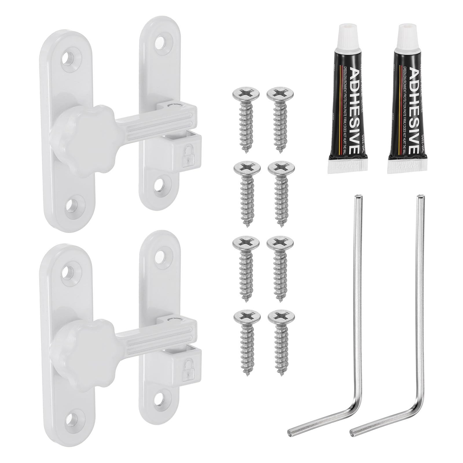 sourcing map 2Pcs Barn Door Lock, 90/180 Degree Flip Barn Door Lock Zinc Alloy Sliding Security Latch with Screws & Nail-Free Adhesive for Garden Bathroom Garage, White