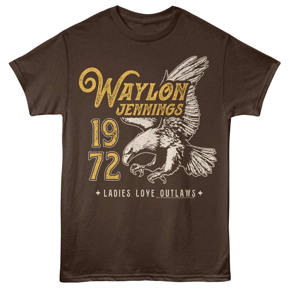 Waylon Jennings T Shirt '72 Eagle Adult Dark Chocolate Short Sleeve Country Music Retro Style Graphic Tee, Dark Chocolate, Large