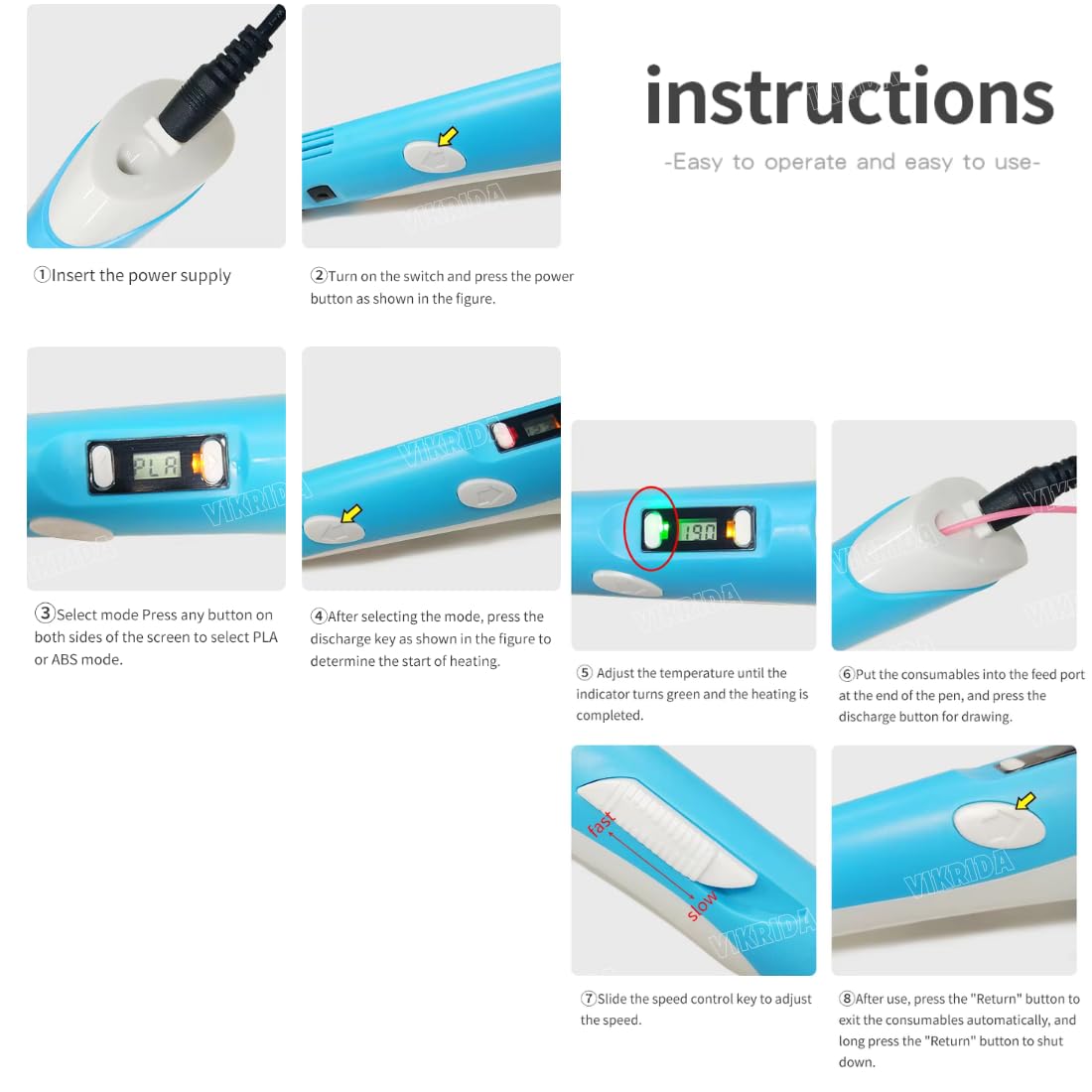 VikriDA 3D Printing Pen with LCD Display & 3 PLA Filament Colors | USB Powered 3D Drawing Pen for Kids & Adults β Multicolor 3