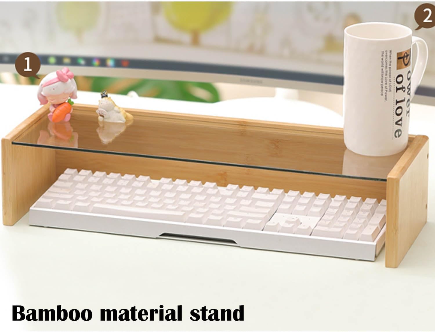 Clear Glass Monitor Stand Keyboard Cover - Keyboard Protector Anti-Cat Prevent Cats from Touching Keyboard Bamboo Stand (L 19.1 * 6.5 * 4.33")