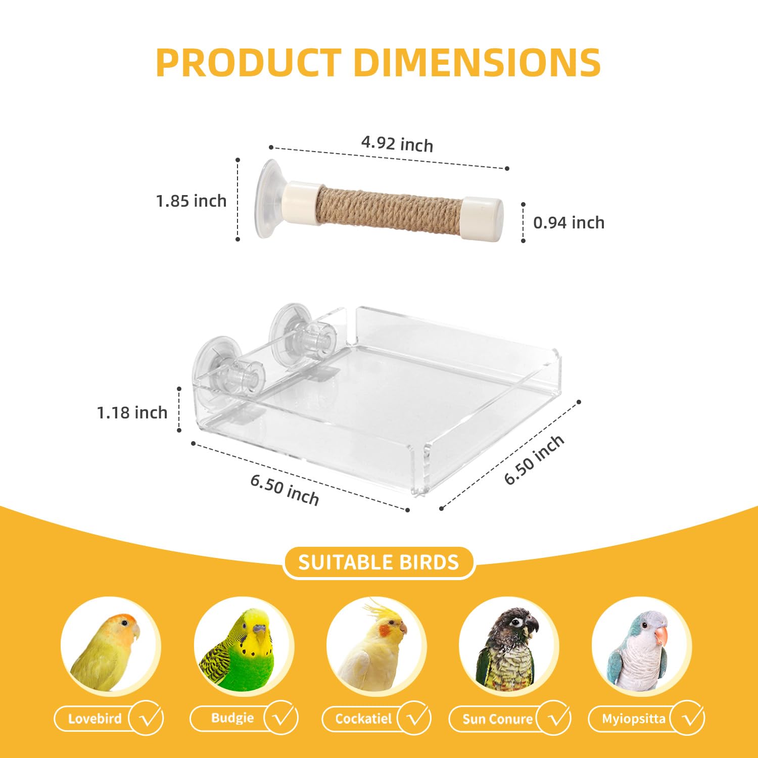 2-in-1 Bird Perch with Removable Tray | Suction Cup Bird Perch with Locking Guard & Feeder Tray | for Small and Medium Birds Like Parakeets, Cockatiels, Lovebirds, Conures(Clear,Medium) - image 6