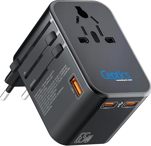 Ceptics Universal Charger Adapter with Type C 65W Laptop/MacBook Mobile Charging, 4 in 1 International Travel Adapter, 1 USB 2 USB-C W/3.1A Max, 10 Years Warranty, Worldwide Travel Adapter, Black