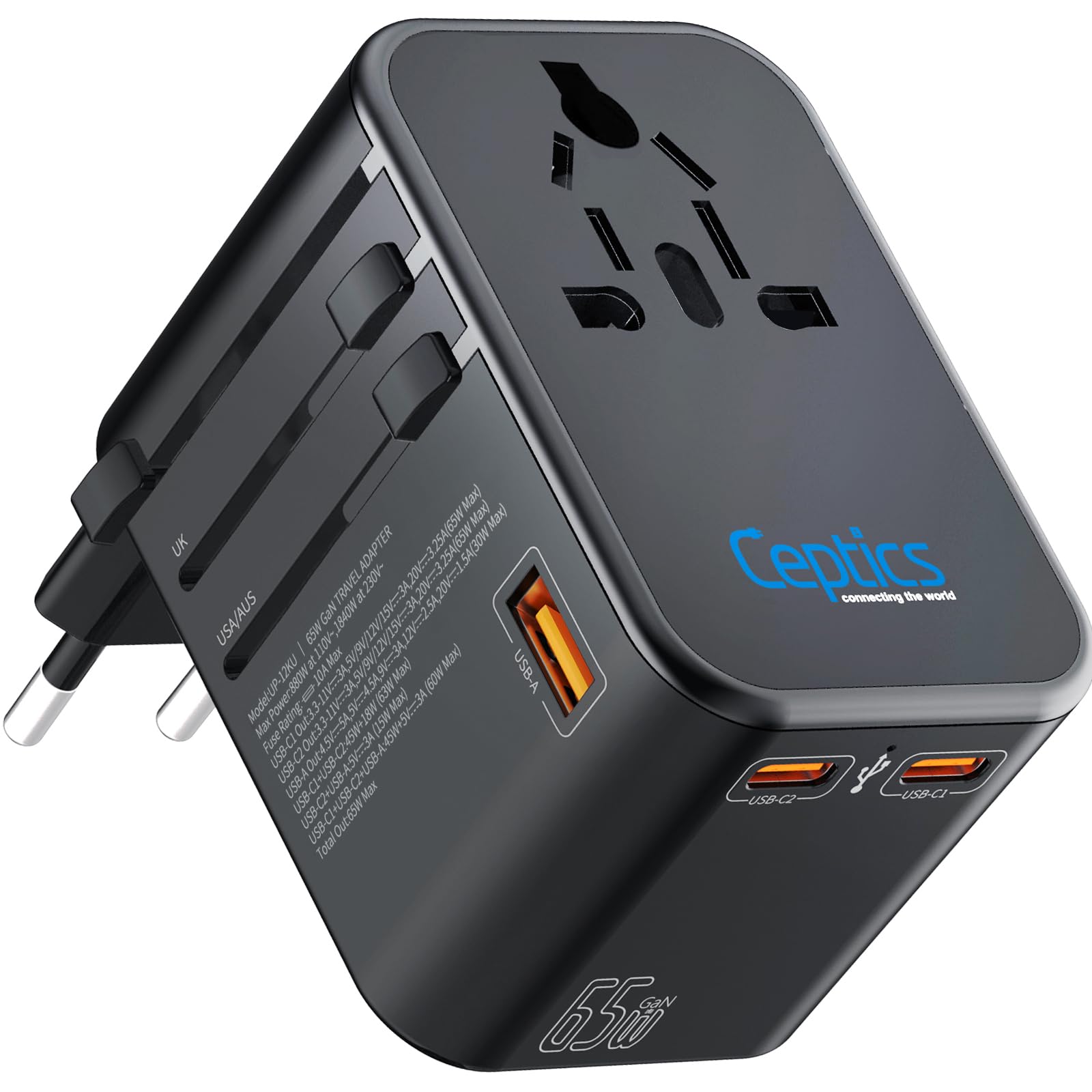 Universal Charger Adapter with Type C 65W Laptop/MacBook Mobile Charging, 4 in 1 International Travel Adapter, 1 USB 2 USB-C W/3.1A Max, 10 Years Warranty, Worldwide Travel Adapter, Black