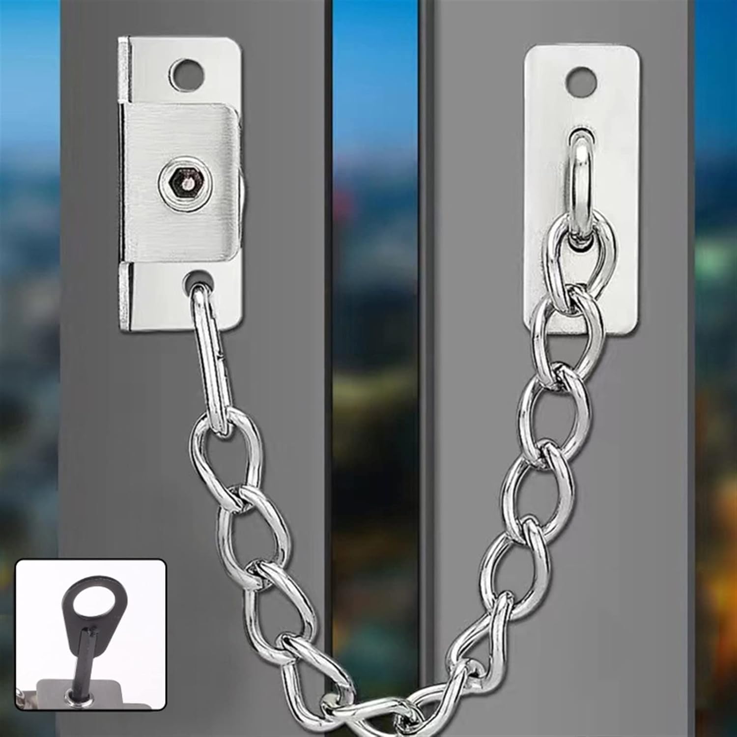Chain Locks for Inside Door, Stainless Steel Window Chain Lock Guard Door Limiter Safety Security Chain Lock with Key Latch (Color : Black) (Color : Silver)