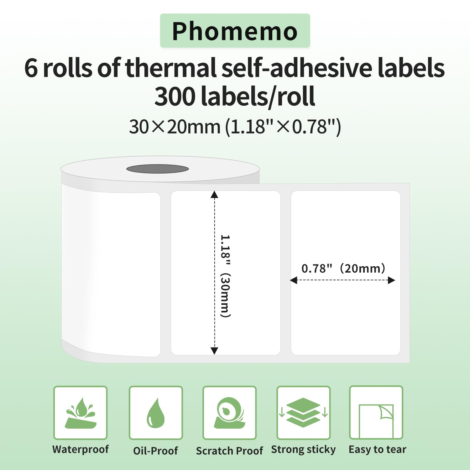 Phomemo 6 rotoli Etichette M110 Etichetta autoadesiva multifunzionale, 1.18''×0.78"(30×20mm), adatta per stampante etichette Phomemo M110 M200 M120 M220 M221, 320 etichette/rotolo,6 rotoli
