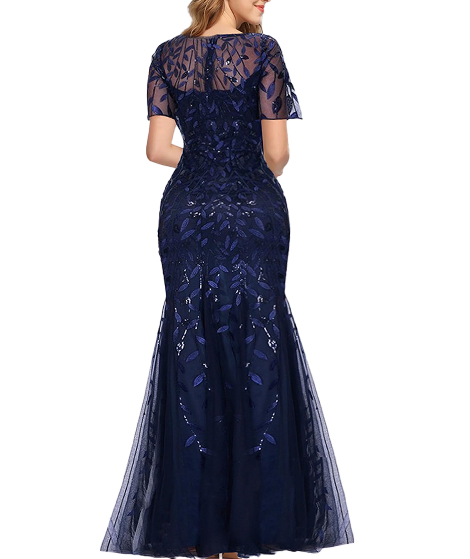 ECDAHICC Donna Plus Size Girocollo Fondo Lunghezza Paillette Ricamato Abito Da Sera Maniche Lunghe Festa Danza Damigella D'onore Scintillante Sirena Chiffon Abito Trasparente