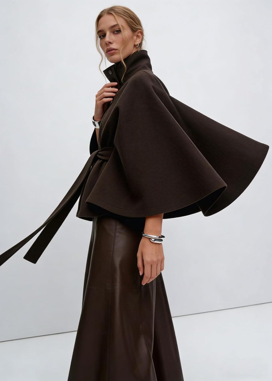 CHARTOU Women Batwing Sleeve Ponchos Pea Coat Wool Stand Collar Belt Capes Jacket Winter Cropped Overcoat - Image 4