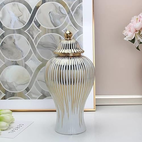 Miniatura 2 de Tarros de jengibre de cerámica con jarrones cubiertos, frascos de templo antiguos, elegantes jarrones blancos y dorados para sala de estar y