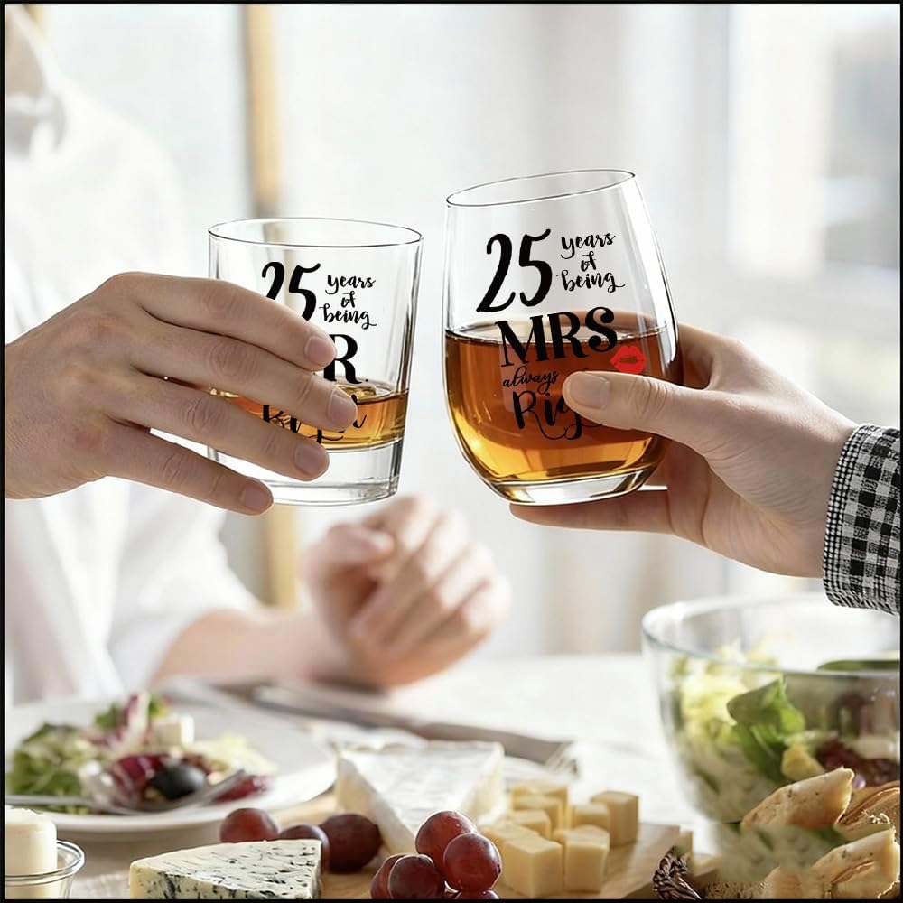 25th Anniversary Glass Gifts Set - 25 Years of Being Mr Right & Mrs Always Right Wine Glass Present for Him Her, Happy 25th Wedding Anniversary for Wife Husband Couple Parents Grandparents - Image 2