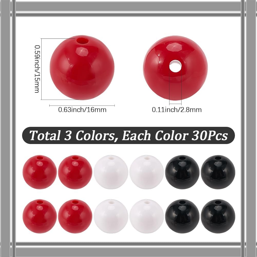 90Pcs 3 Colors Black White Red Beads Halloween Acrylic Beads Bulk 1.6cm Round Holiday Themed Bubblegum Chunky Loose Pen Pony Spacer for Jewelry Making Bracelet Necklace DIY Craft Accessories